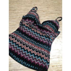 3425 Island Escape  Padded Tankini Top BLACK MULTI sz 10 new